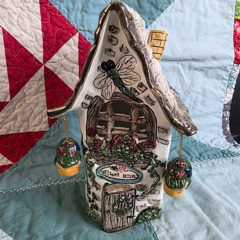 Heather Goldminc Blue Sky Welcome Friends Ceramic Cottage House Tea Light Holder